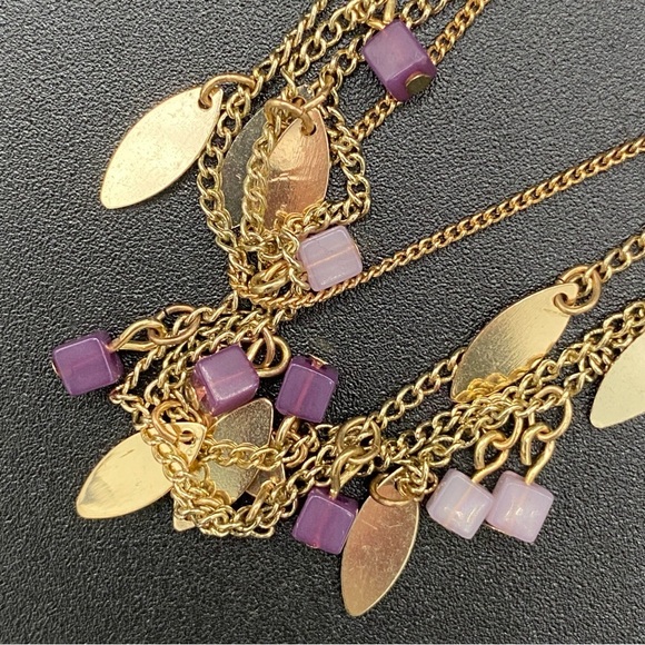 Pretty Dainty Multistrand Necklace with Gold Tone Leaves and Purple Square Beads - Picture 8 of 8